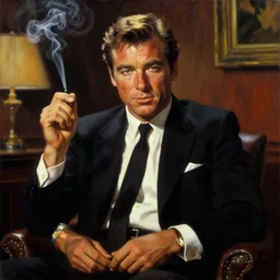 4 0 year old roger moore as james bond, smoke filled room, film noir lighting, painting by ross tran