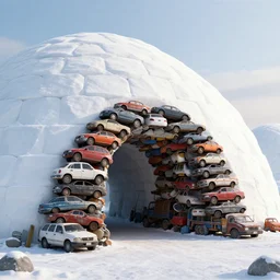 an amazing igloo with a wide doorway made only of stacked old cars and trucks, 3 d render, digital art