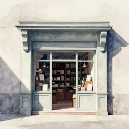 small bookstore simple geometric watercolor painting in the style of george barbier
