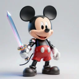 highly detailed realistic style, mickey mouse wearing futuristic mech suit and holding a laser sword