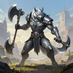 raging silver werewolf wielding axes character concept art, digital illustration, trending on artstation, epic composition, scenic background, 8 k uhd, masterpiece, league of legends splash art, octane render, highly detailed, perfect lineart