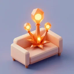 isometric low poly isometric crystal plant sofa with alien aesthetic inspired by pandora in the avatar movie, it has bioluminescent plants growing on top of it, beautiful neon orange - yellow with blue hints and it's bedecked with some sparkling crystals all over the place. black background, night isometric artstation neon. behance, pinterest