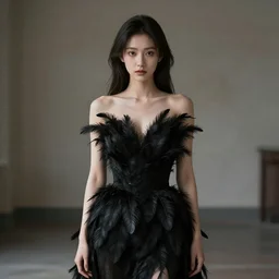 hight focus of a wonderful realistic focused sweet wonderful symmetrical mid portrait of a lonely very beautiful lady, with a dress that is like a realistic black plumes, image in center, dramatic light, octane render - 8 k