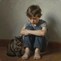 painting of sad kid with a cat, hyper realistic t, natural light, concept art, by greg rutkowski, cozy atmospheric and cinematic lighting