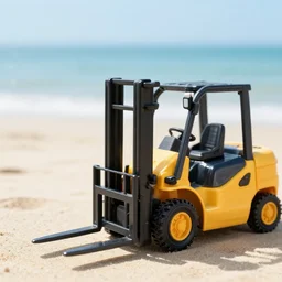 forklift toy in the background, on the beach, sunny day, vacation, photo, ultra realism