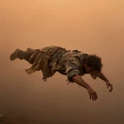 starving man floating, wearing rags, foggy orange background, trending on artstation, incredibly detailed, personal