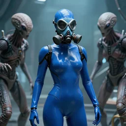 big budget scifi movie set in futuristic world with alien brainsuckers killing female cyborg in shiny blue rubber and gas mask