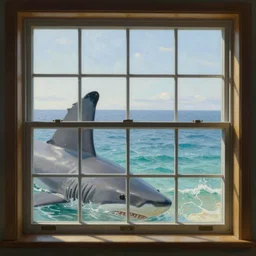 a mullioned window through which you can see the sea with big shark fins, highly detailed painting by gaston bussiere, craig mullins, j. c. leyendecker 8 k
