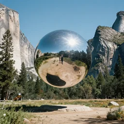 photo of a chrome blob hovering in yosemite park, daylight cinematic photography