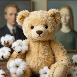 portrait of cotton teddy bear, color and shape focus, natural light, bloom, puff, by simon stalenhag and rene magritte and anton fadeev