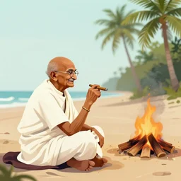 side view of gandhi holding a cigar, sitting on a beach, next to a campfire, with palm trees and different types of beach animals parrot turtle lizard crab coconuts in the back, glorious lighting, epic environment, highly detailed, digital art, hyper realistic