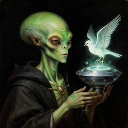 a baroque close - up portrait painting of a green alien wizard and a glowing sci - fi time machine bird. black background. highly detailed science fiction painting by norman rockwell, moebius, frank frazetta, and syd mead. high contrast. renaissance masterpiece. artstation