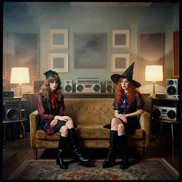 fujifilm velvia 5 0, wetplate, award - winning colour portrait : occult dadcore wizards and momcore witches ina bedroom recording studio, 1 9 6 0 s room, 1 9 6 0 s couch, retro hi - fi gear, retro audio gear, square picture frames, haze, concrete, shining lamps, 1 9 6 0 s metal furniture, smoke, fog