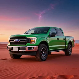 Ford F150 Green Ombre 2022 Truck on a Red Sand Beach, nebula sunset