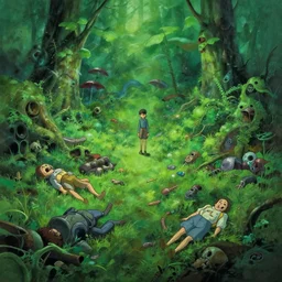 centred painting of a green toxic wasteland, dead bodies, octane rendering, trending on artstation, studio ghibli, michael whealan and james gurney