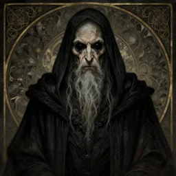 portrait of an old decaying necromancer, black eyes, long dark robes, dark fantasy, dnd, d & d, illustration, by artgerm, greg rutkowski, alphonse mucha - h 7 6 8
