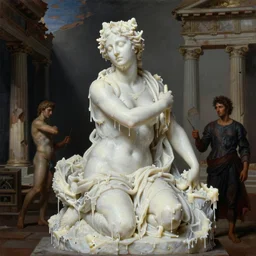 Beautiful sculpture of woman with closed eyes covered with melted white candle wax by Nicola Samori, Michelangelo da Caravaggio and Beksinski, ancient abandoned temple on background, dramatic volumetric lighting, full body portrait, highly detailed oil painting, trending on artstation, 4k, masterpiece