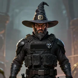 a wizard wearing swat tactical gear and a classic pointy wizard hat, digital art, greg rutkowski, trending on artstation, extremely detailed, photorealistic