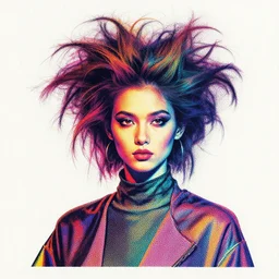 portrait of a post modern cyber hybrid fashion model with an exuberant hair style, colorful, octane render, vray, detailed, halftoned, editorial illustration, matte print, grainy light, ( ( dither ) ), risograph, high contrast, screen print, grainy texture