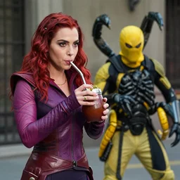 beautiful photograph of Zoe Zaldana as Gamora drinking yerba mate infusion with Scorpion ( a male yellow and black ninja) in Buenos Aires