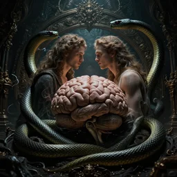 Adam and Eve inside the brain, snake is surrounding them, beautiful dramatic moody lighting, cinematic atmosphere, high detail, 8k, ornate, dark fantasy, masterpiece, complex, film still from the movie directed by Denis Villeneuve with art direction by Zdzislaw Beksiński, Dan Mumford, Patiphan Sottiwilaiphong, Yintion J - Jiang Geping