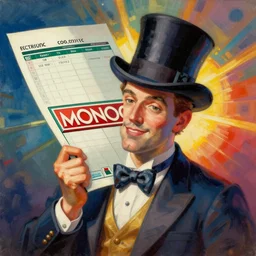 a brilliantly colored lithograph of a fragmented portrait of the Monopoly Man with a top hat bending into an Excel spreadsheet