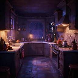 curved perspective digital art of a dim lit kitchen from Tim Burtons Nightmare Before Christmas by Petros Afshar
