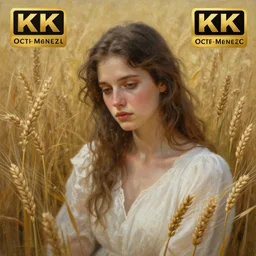 Hyper realistic detailed painting of a Paludnitsa! ((in a lush wheat crop)). Perfect face, beautiful!, white dress, melancholic!!, dreamlike, highly detailed, sharp focus, digital art, art by Eddie Mendoza, detailed and intricate environment, highly detailed, award winning art, 4k, octane render.