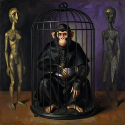 Misterious portrait of Pope Monkey X in a cage in penumbra by Velasquez painting by Pablo Picasso and Chaïm Soutine and Alberto Giacometti and Francisco Goya, black and purple and gold