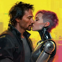a cyberpunk 2077 srcreenshot  couple portrait of a Keanu Reeves and a female android in final kiss,love,film lighting,by Laurie Greasley,Lawrence Alma-Tadema,Dan Mumford,John Wick,Speed,Replicas,artstation,deviantart,FAN ART,full of color,Digital painting,face enhance,highly detailed,8K,octane,golden ratio,cinematic lighting