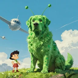 hyperrealist, graphic novel illustration of a massive green labrador retriever with two long antennae and shaggy green fur with green dye sitting on a grassy hill, pulp 7 0's sci - fi vibes, 9 0's hannah barbara fantasy animation, cinematic, movie still, studio ghibli masterpiece