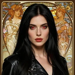 sargent, leyendecker, greg hildebrandt highly detailed portrait of a woman with long black hair, black leather, ruby eyes, stephen bliss, unreal engine, by greg rutkowski, loish, ferdinand knab, ilya kuvshinov, rossdraws, tom bagshaw, alphonse mucha, global illumination, radiant light, detailed and intricate environment