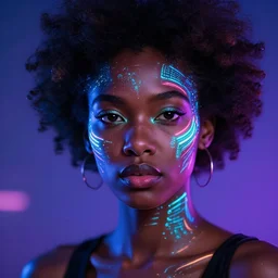 a woman with glowing neon face paint on her face, cyberpunk art by Chinwe Chukwuogo-Roy and Ross Tran, featured on pexels, afrofuturism