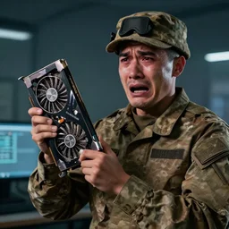 soldier holding a graphics card crying scared, 4k