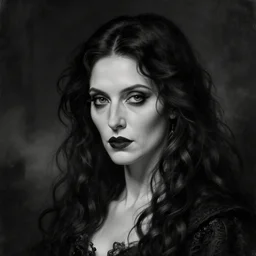 highly detailed oil painting | very intricate | cinematic lighting | black, white and blood color scheme, dark background | portrait of a exquisite beautiful vampire old woman with long elegant tangles of black hair, eyes, gothic fog ambience, hyper realistic head, fantasy victorian art, in the style of greg rutkowski, zdizslaw beksinski, intricate, alphonse mucha