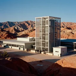 photograph of the biological computer facility with armed guards on kodachrome film in sunshine