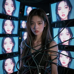 beauty woman tangled up in cables and wires surrounded by led screens with her face on them,  very detailed, dramatic lighting, high details, electrical details, high details, 4k, 8k, trending on artstation, by Hajime Sorayama and Boris Vallejo