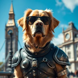 portrait of a golden retriever wearing armour in victorian london and sunglasses, 8 k