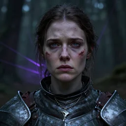 head and shoulders portrait of a female knight with a worried expression, scars under her grey eyes. sad and tired eyes, broken neclace. background forest, very dark! a few thin violet light rays behind her. high detail, artstation top ten, photo in the style of bruce gilden