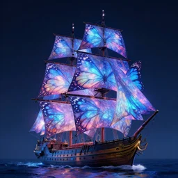 a grand sailing ship with sails made of butterfly wings, butterfly wing sails, ethereal cinematic fantasy illustration, magical, bioluminescence