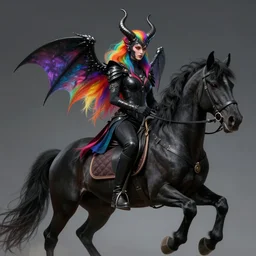 fantasy portrait of a rainbow demon riding a black horse