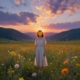 girl with a flower face, surreal photography, standing in flower field, in a valley, sunrise dramatic light, impressionistic painting, colorful clouds, artstation, simon stalenhag