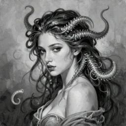 medusa portrait painting, black and white, seductive, dynamic lighting, artstation, detailed, blurred background