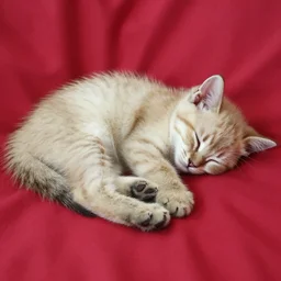 a cute beige kitten with brown paws sleeping on a red bedspread