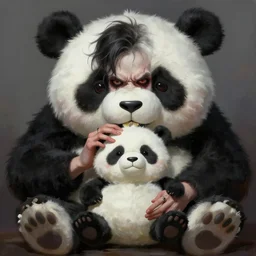 portrait of a scary man eating monstrous stuffed toy panda, digital painting by ross tran, greg rutkowski, artgerm