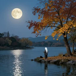white hair fisherman on the river islet, used to see the autumn moon and spring wind.