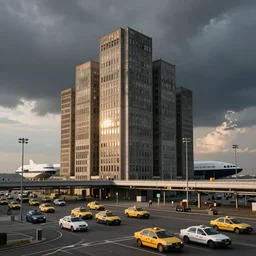 brutalist architecture, sun after a storm, ominous evening, crowded airport, taxis, cargo spaceships, crisp, intricate picture by greg rutkowski and federico pelat
