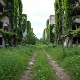 an abandoned city, every building is covered in vines and grasses cover the street. the road has been turned into a swampy marsh with various native wildflowers - H 1000