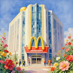 a painting of an art deco mcdonald's surrounded by flowers, a watercolor and matte painting by beeple and rhads and mark keathley, wes anderson, cgsociety, artdeco, utopian art, retrofuturism, sci - fi, artstation hq