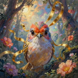 breathtaking detailed soft painting of a bird with golden ribbons in an enchanted forest, art by celestialfang, matchach, dustin panzino, trending on artstation, sunlight and vibrant flowers floating around in a tumultuous sky, detailed symmetrical facial features, hyper detailed, volumetric lighting, concept art, matte, sharp focus, art